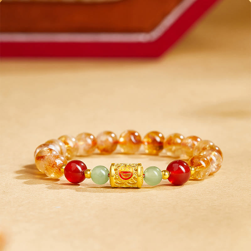 Fortune Jewel 999 Sterling Silver Natural Citrine Red Agate Hetian Jade Beads Protection Bracelet
