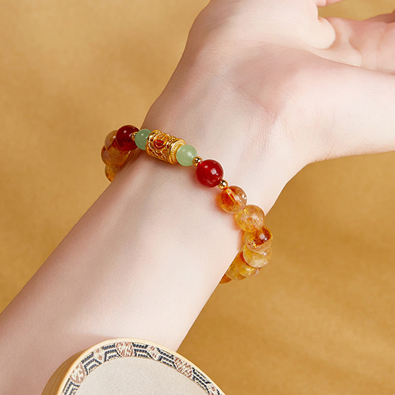 Fortune Jewel 999 Sterling Silver Natural Citrine Red Agate Hetian Jade Beads Protection Bracelet