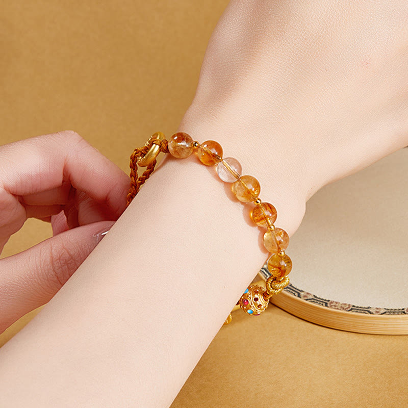 Fortune Jewel 925 Sterling Silver Natural Citrine White Crystal Peace Buckle Meaning Fu Character Protection Braided String Bracelet