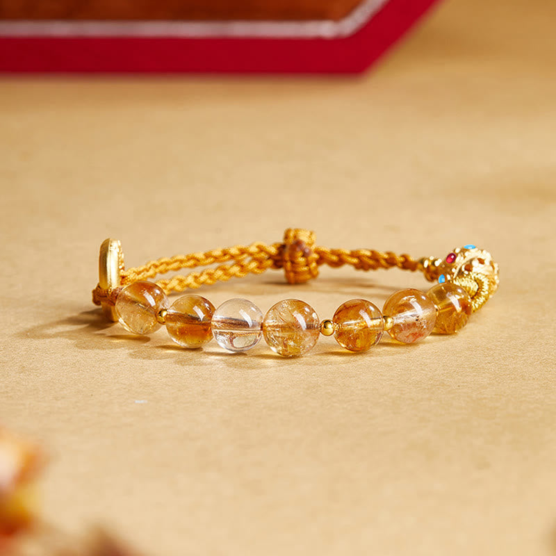 Fortune Jewel 925 Sterling Silver Natural Citrine White Crystal Peace Buckle Meaning Fu Character Protection Braided String Bracelet