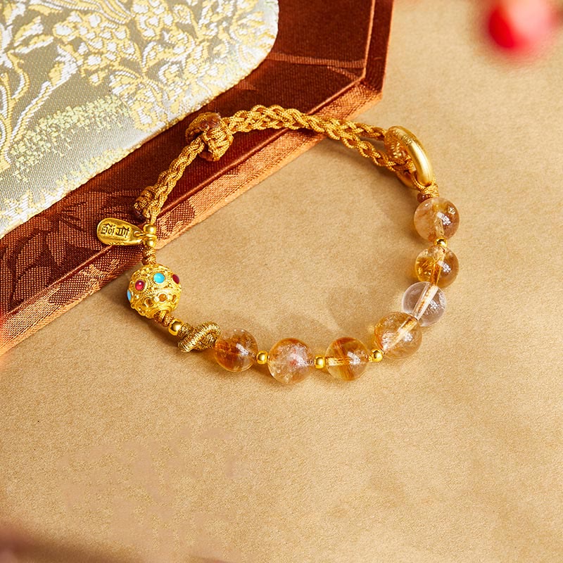 Fortune Jewel 925 Sterling Silver Natural Citrine White Crystal Peace Buckle Meaning Fu Character Protection Braided String Bracelet