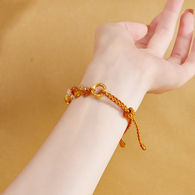 Fortune Jewel 925 Sterling Silver Natural Citrine White Crystal Peace Buckle Meaning Fu Character Protection Braided String Bracelet