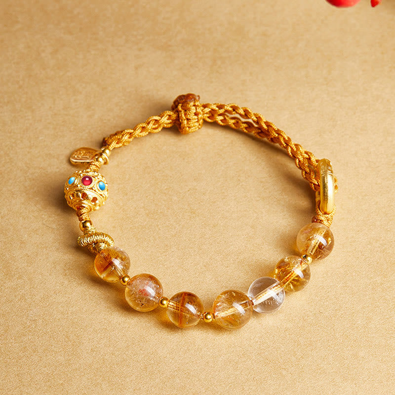 Fortune Jewel 925 Sterling Silver Natural Citrine White Crystal Peace Buckle Meaning Fu Character Protection Braided String Bracelet