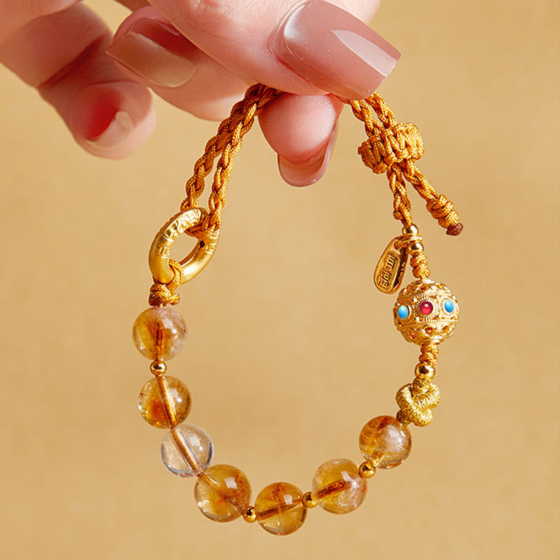 Fortune Jewel 925 Sterling Silver Natural Citrine White Crystal Peace Buckle Meaning Fu Character Protection Braided String Bracelet