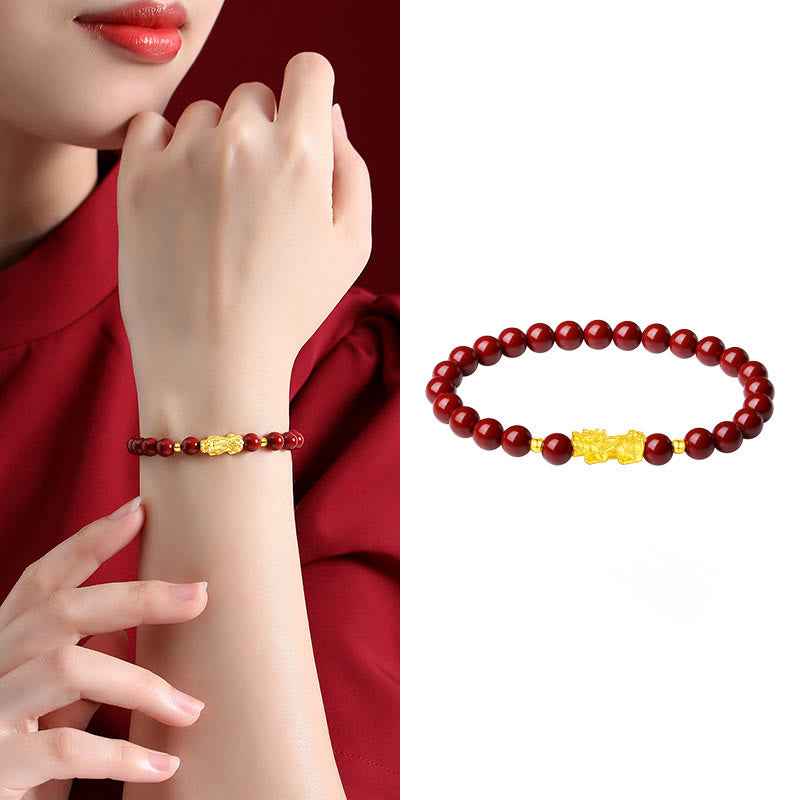 Buddha Stones 999 Gold 5D Hard Gold Cinnabar PiXiu Calm Bracelet