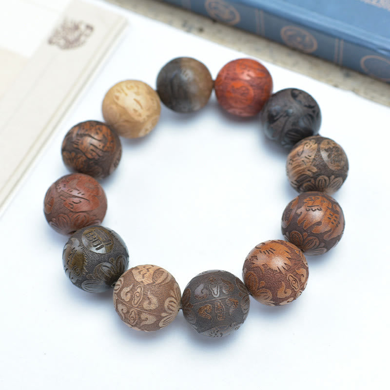 Fortune Jewel Carving Sandalwood Chinese Zodiac Auspicious Dragon Phoenix Fu Character Healing Bracelet