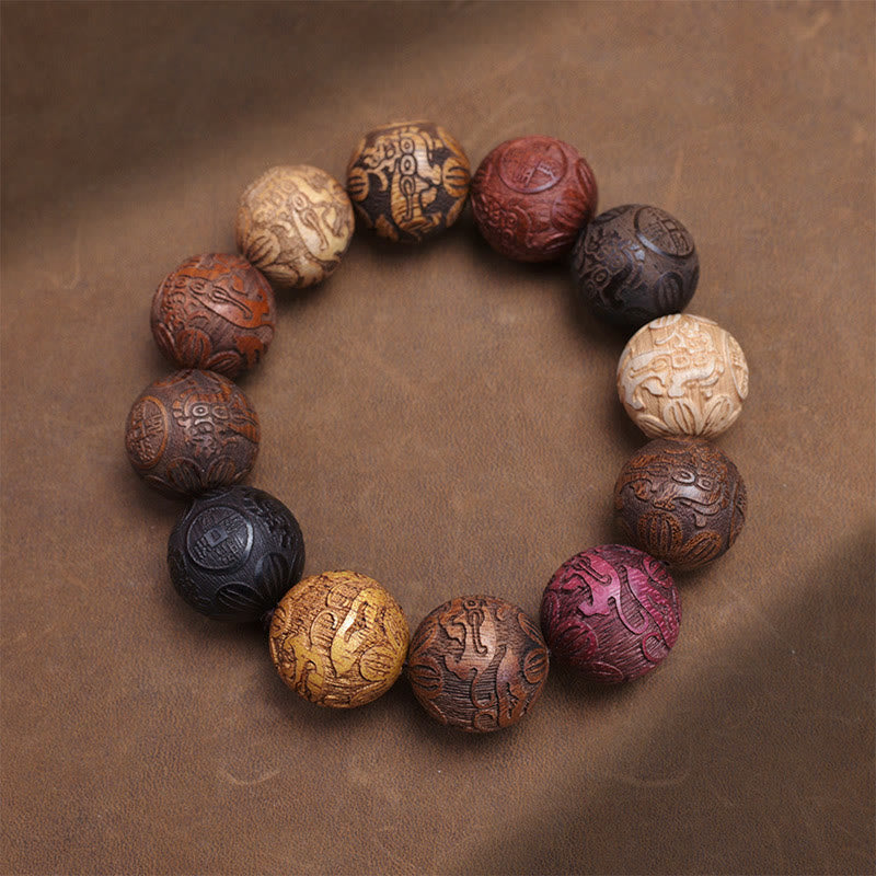 Fortune Jewel Carving Sandalwood Chinese Zodiac Auspicious Dragon Phoenix Fu Character Healing Bracelet