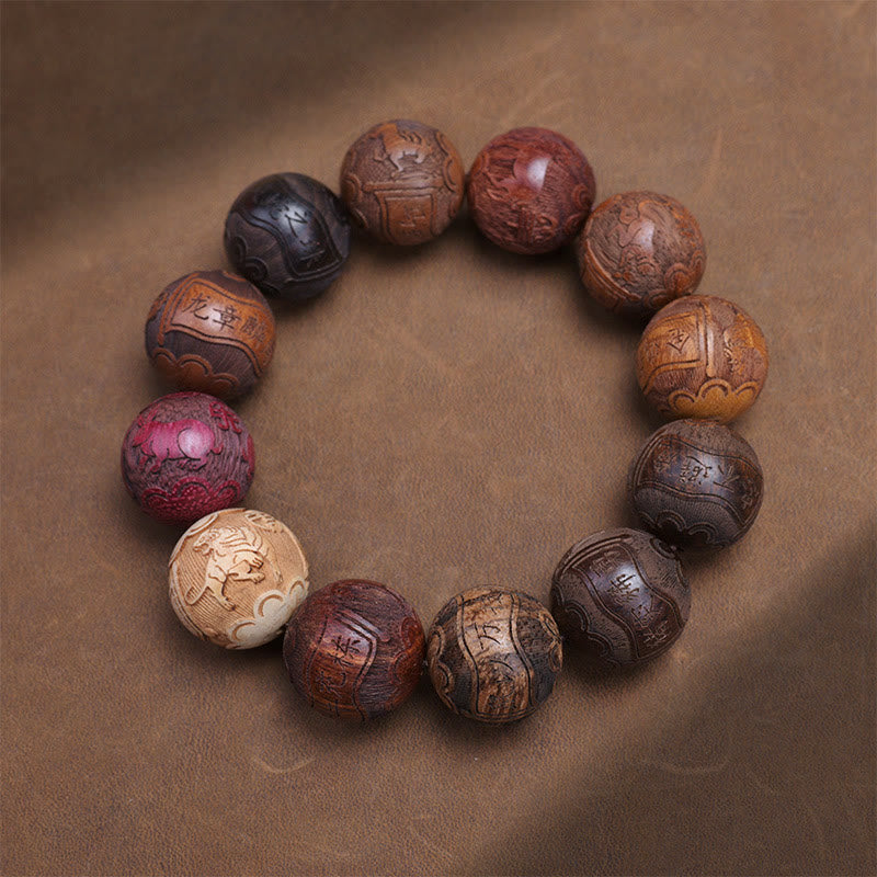 Fortune Jewel Carving Sandalwood Chinese Zodiac Auspicious Dragon Phoenix Fu Character Healing Bracelet