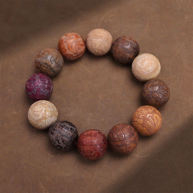 Fortune Jewel Carving Sandalwood Chinese Zodiac Auspicious Dragon Phoenix Fu Character Healing Bracelet