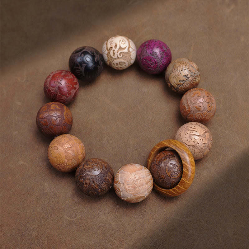 Fortune Jewel Carving Sandalwood Chinese Zodiac Auspicious Dragon Phoenix Fu Character Healing Bracelet