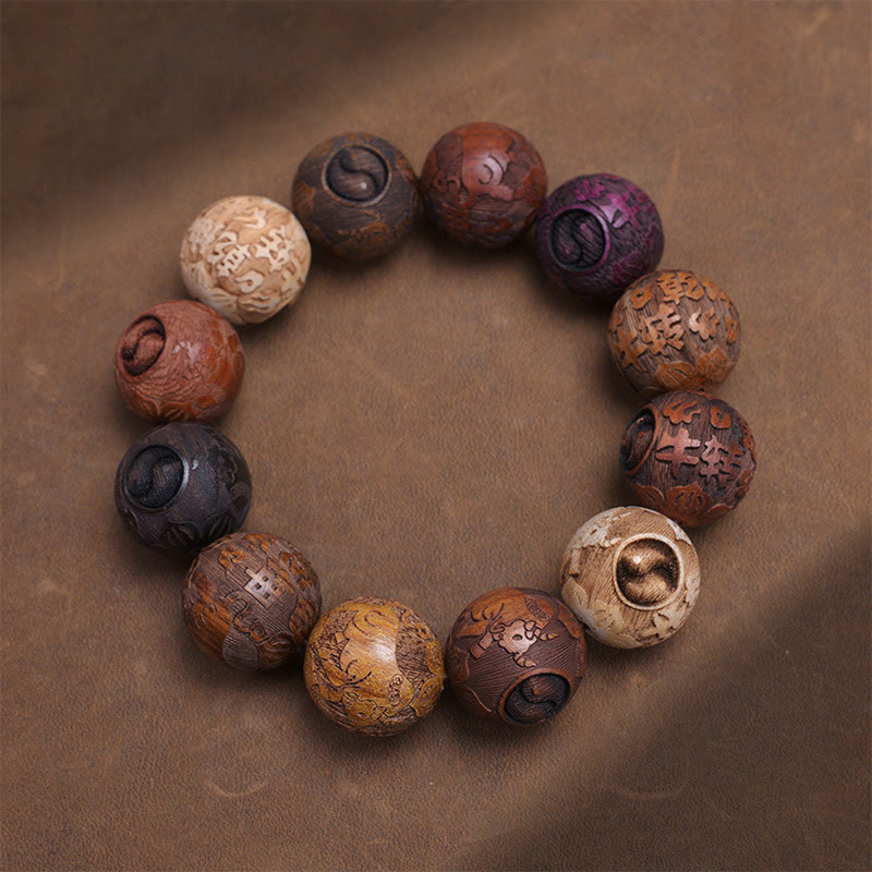 Fortune Jewel Carving Sandalwood Chinese Zodiac Auspicious Dragon Phoenix Fu Character Healing Bracelet