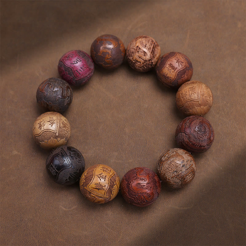 Fortune Jewel Carving Sandalwood Chinese Zodiac Auspicious Dragon Phoenix Fu Character Healing Bracelet