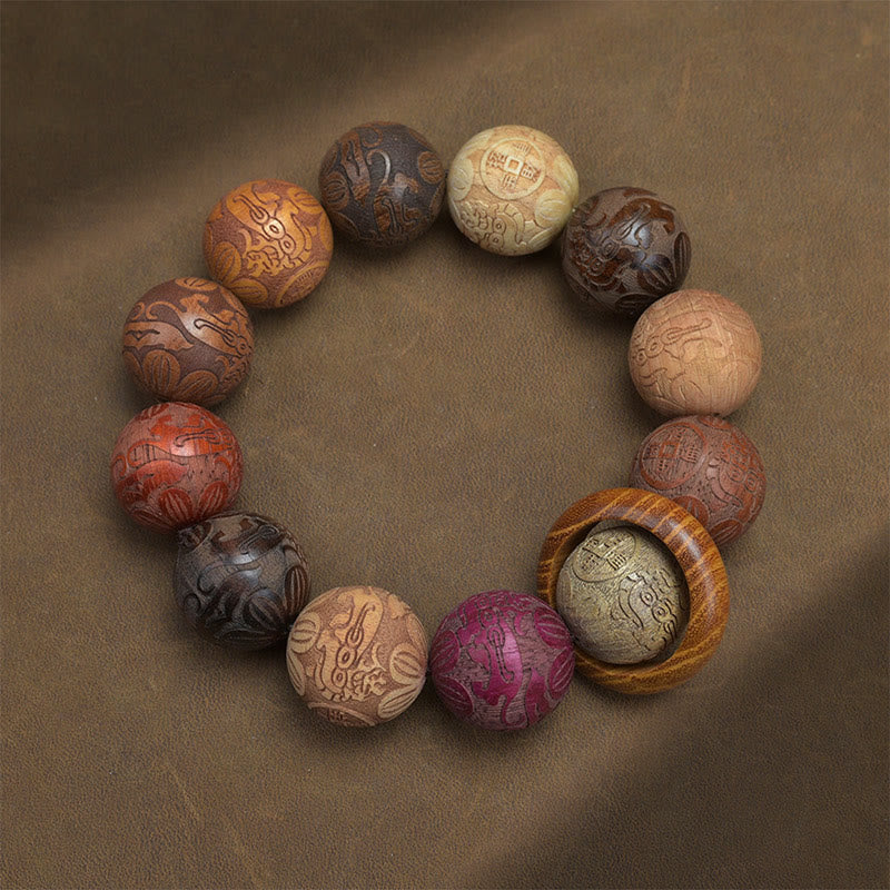 Fortune Jewel Carving Sandalwood Chinese Zodiac Auspicious Dragon Phoenix Fu Character Healing Bracelet