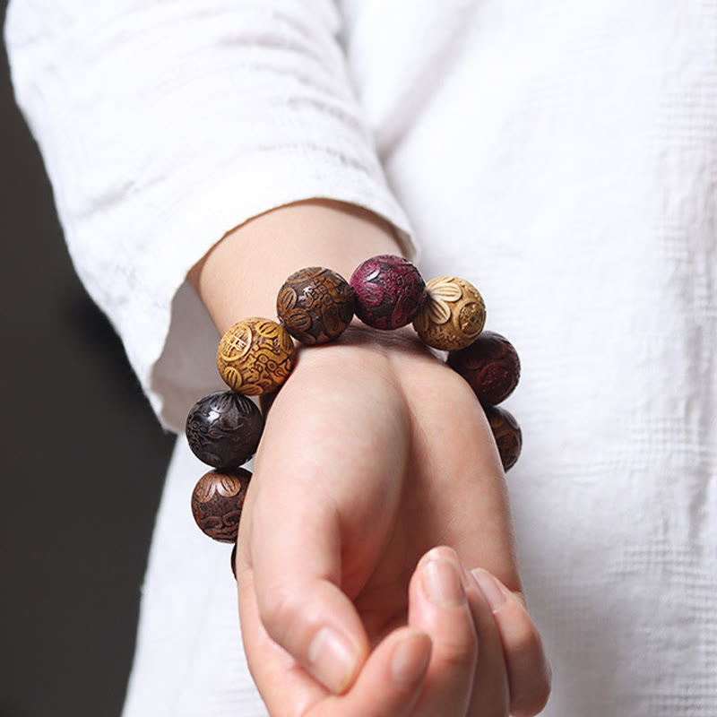 Fortune Jewel Carving Sandalwood Chinese Zodiac Auspicious Dragon Phoenix Fu Character Healing Bracelet