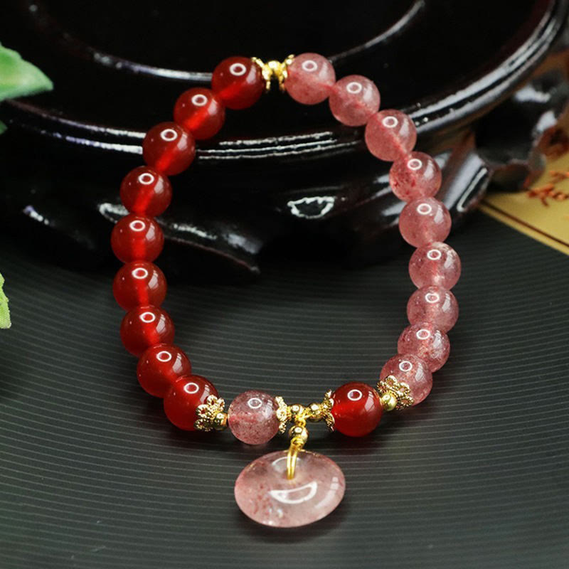 Fortune Jewel Strawberry Quartz Red Agate Peace Buckle Positive Luck Bracelet