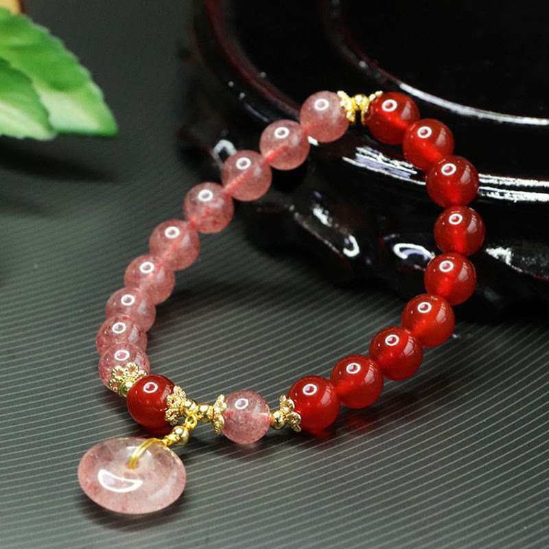 Fortune Jewel Strawberry Quartz Red Agate Peace Buckle Positive Luck Bracelet