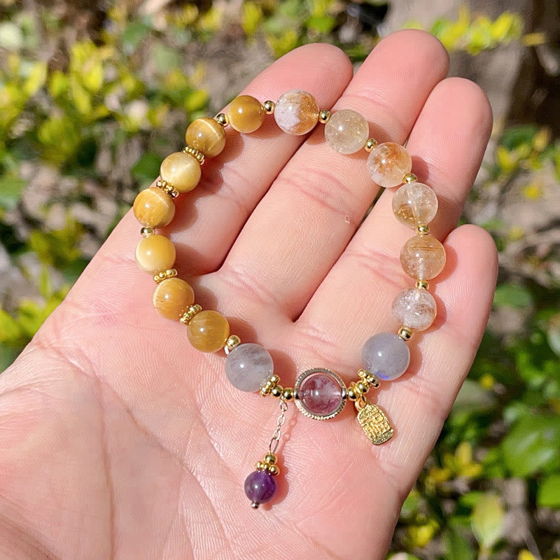Fortune Jewel Natural Citrine Tiger Eye Fu Character Prosperity Bracelet