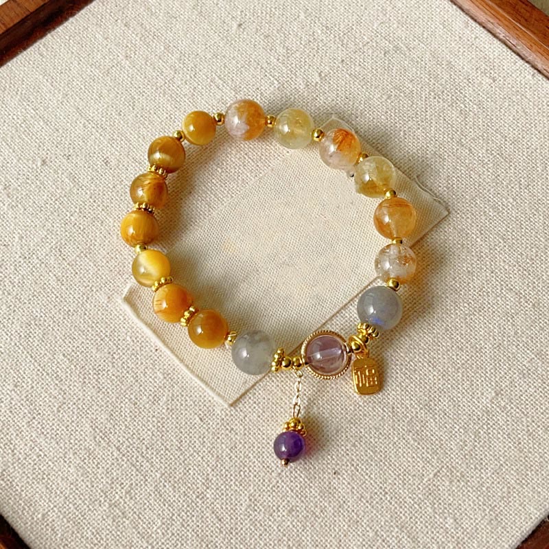 Fortune Jewel Natural Citrine Tiger Eye Fu Character Prosperity Bracelet