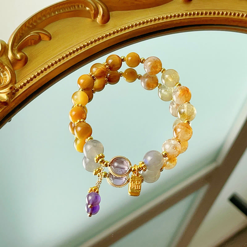 Fortune Jewel Natural Citrine Tiger Eye Fu Character Prosperity Bracelet