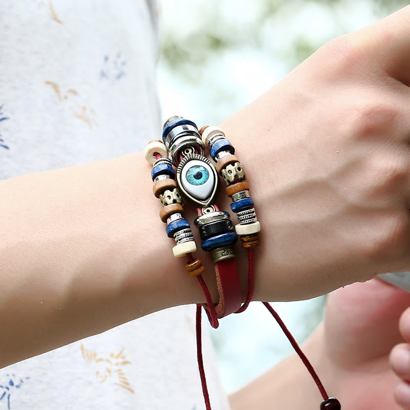 Fortune Jewel Tibetan Evil Eye Leather Adjustable Protection Bracelet