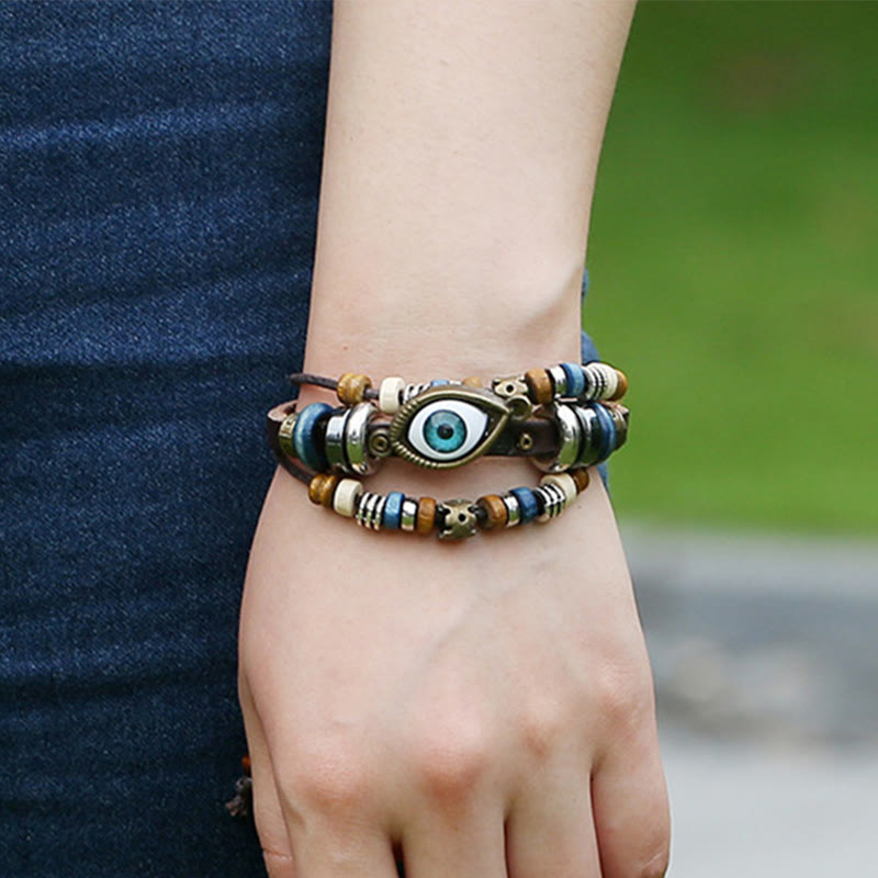 Fortune Jewel Tibetan Evil Eye Leather Adjustable Protection Bracelet