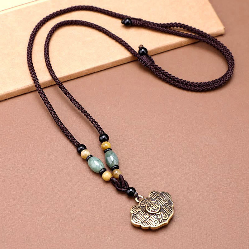 Fortune Jewel Copper Brass Fu Character Luck Fortune Rope Necklace Pendant