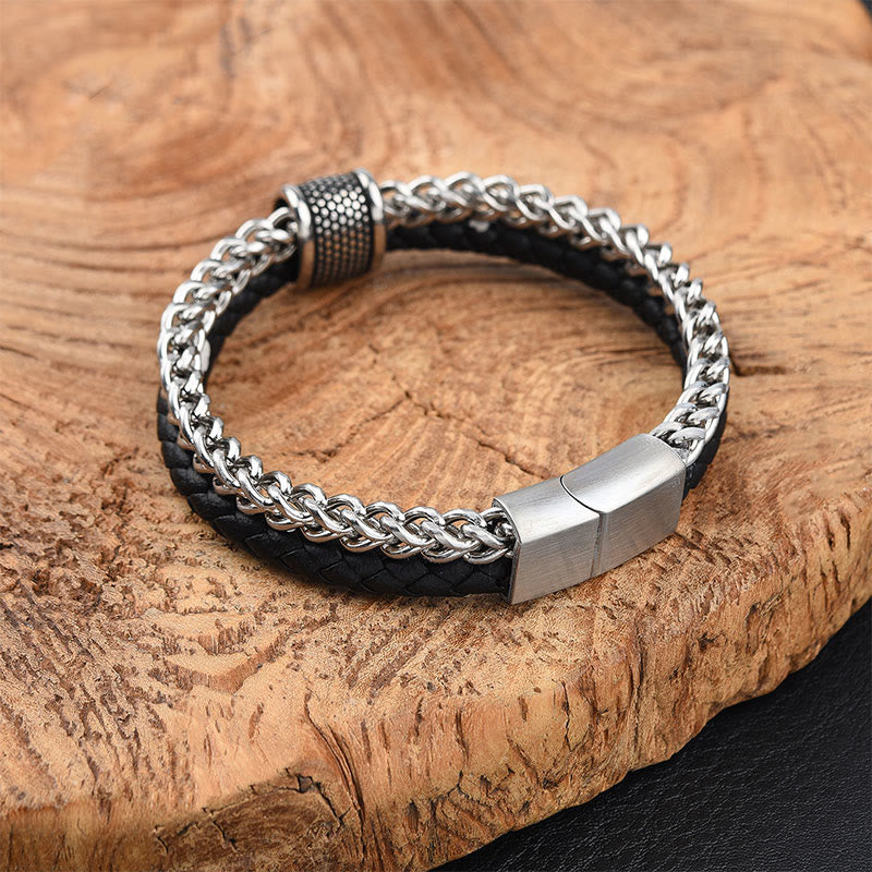 Fortune Jewel Leather Double Layer Titanium Steel Balance Magnetic Buckle Bracelet