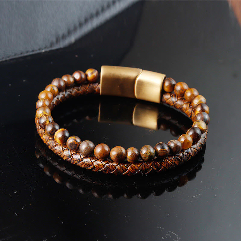 Fortune Jewel Multi-layer Woven Tiger Eye Stone Beads Leather Titanium Steel Strength Buckle Bracelet