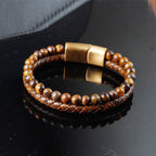 Fortune Jewel Multi-layer Woven Tiger Eye Stone Beads Leather Titanium Steel Strength Buckle Bracelet