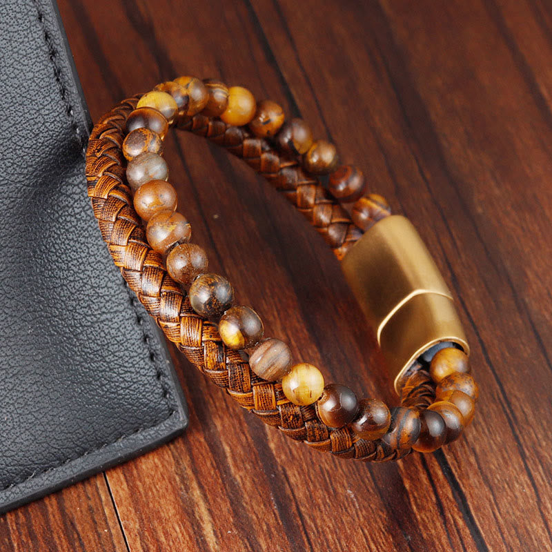 Fortune Jewel Multi-layer Woven Tiger Eye Stone Beads Leather Titanium Steel Strength Buckle Bracelet