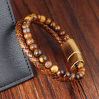 Fortune Jewel Multi-layer Woven Tiger Eye Stone Beads Leather Titanium Steel Strength Buckle Bracelet