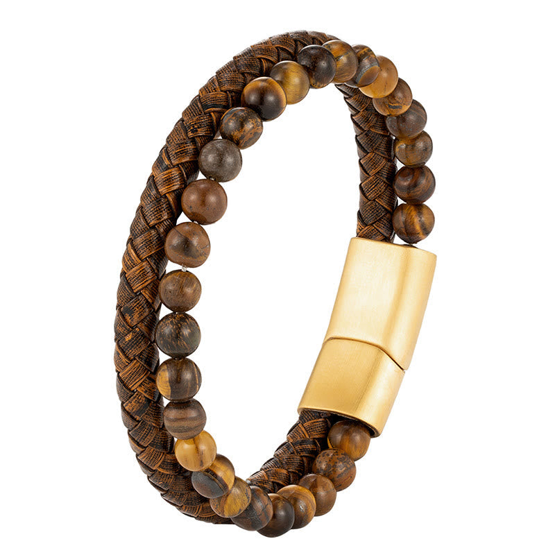 Fortune Jewel Multi-layer Woven Tiger Eye Stone Beads Leather Titanium Steel Strength Buckle Bracelet