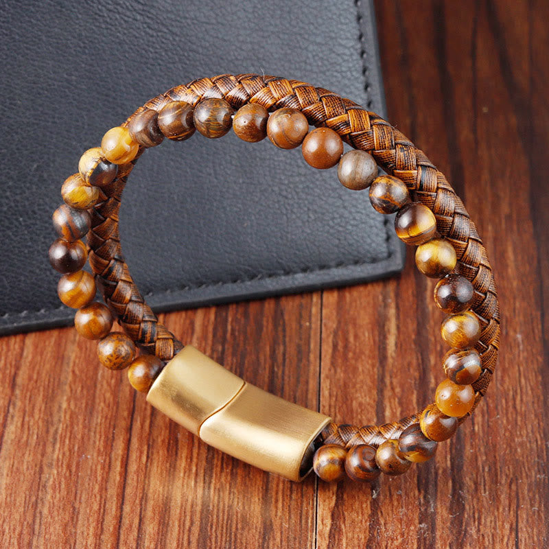 Fortune Jewel Multi-layer Woven Tiger Eye Stone Beads Leather Titanium Steel Strength Buckle Bracelet