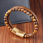 Fortune Jewel Multi-layer Woven Tiger Eye Stone Beads Leather Titanium Steel Strength Buckle Bracelet