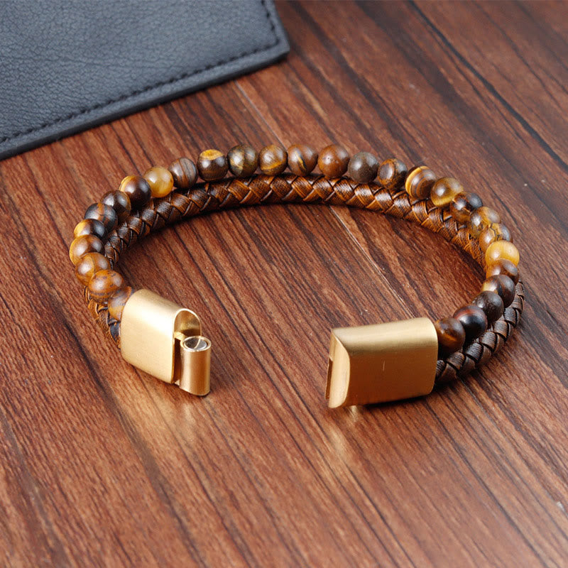 Fortune Jewel Multi-layer Woven Tiger Eye Stone Beads Leather Titanium Steel Strength Buckle Bracelet