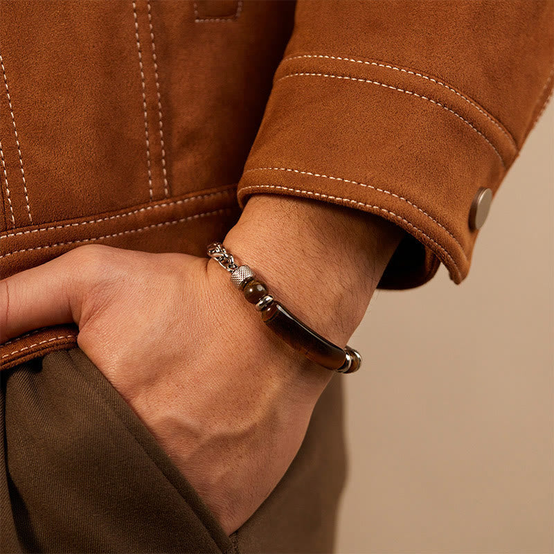 Fortune Jewel Tiger Eye Black Obsidian Stone Titanium Steel Strength Buckle Bracelet