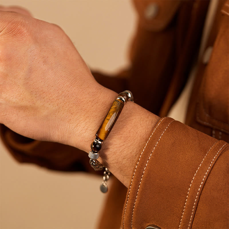 Fortune Jewel Tiger Eye Black Obsidian Stone Titanium Steel Strength Buckle Bracelet