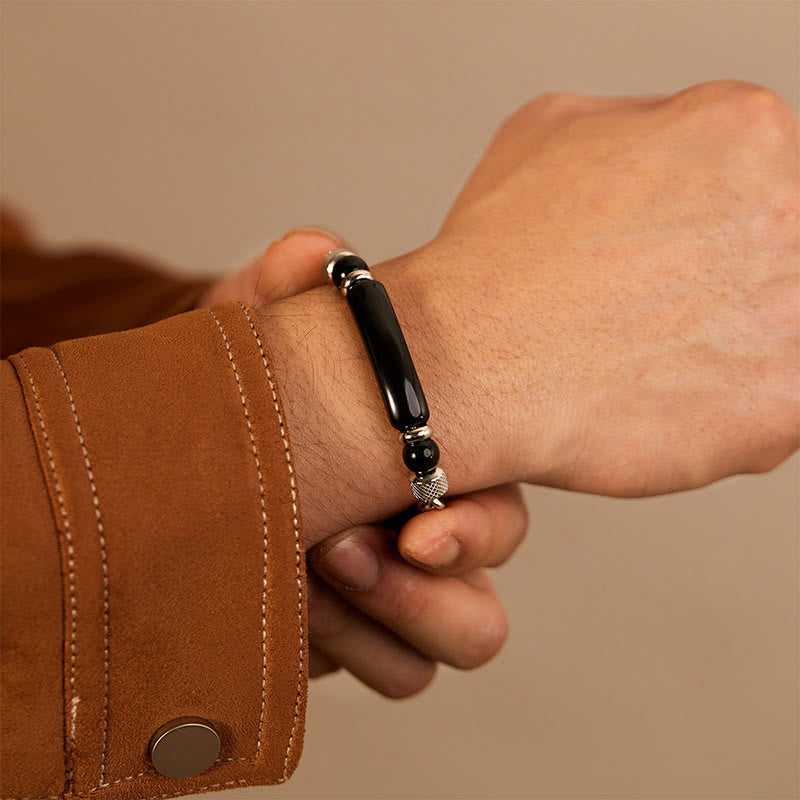 Fortune Jewel Tiger Eye Black Obsidian Stone Titanium Steel Strength Buckle Bracelet