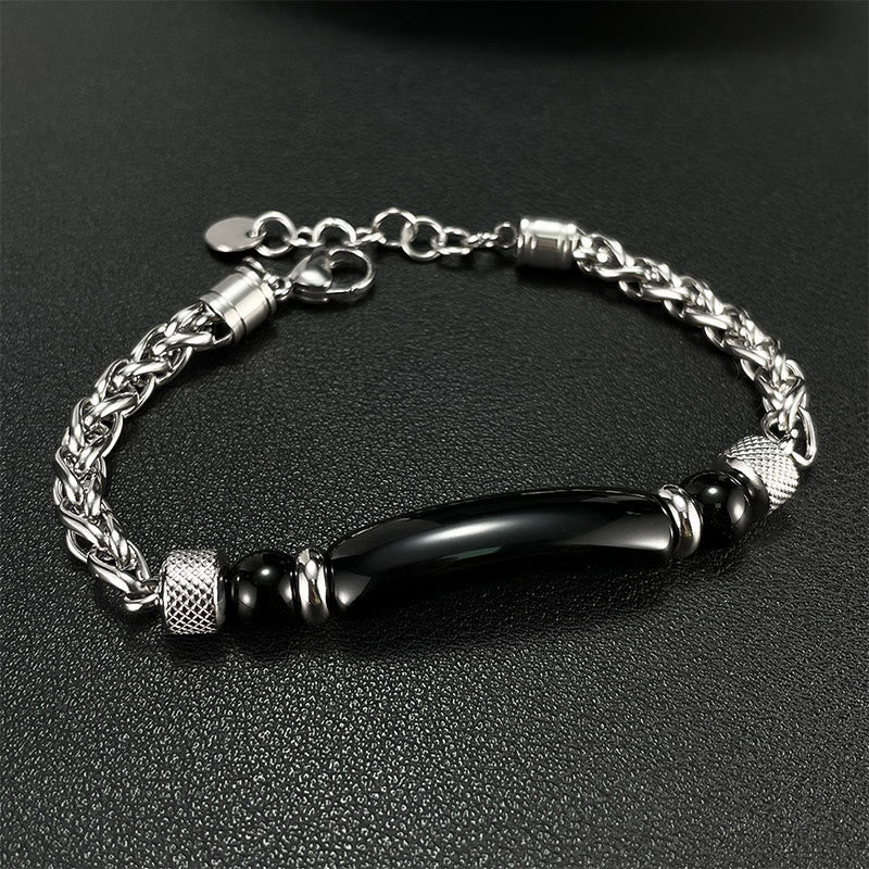 Fortune Jewel Tiger Eye Black Obsidian Stone Titanium Steel Strength Buckle Bracelet