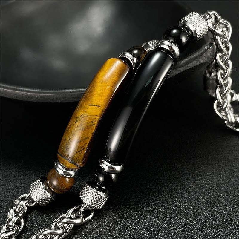 Fortune Jewel Tiger Eye Black Obsidian Stone Titanium Steel Strength Buckle Bracelet