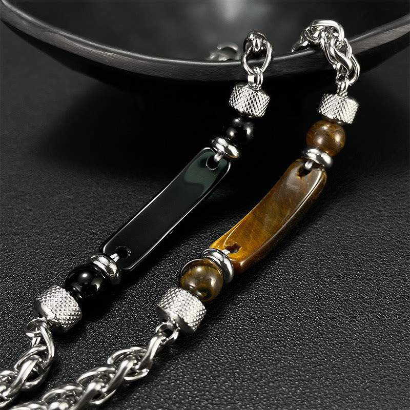 Fortune Jewel Tiger Eye Black Obsidian Stone Titanium Steel Strength Buckle Bracelet