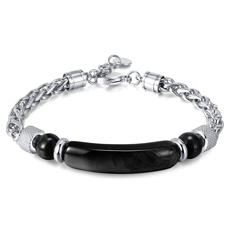 Fortune Jewel Tiger Eye Black Obsidian Stone Titanium Steel Strength Buckle Bracelet