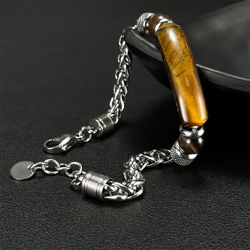 Fortune Jewel Tiger Eye Black Obsidian Stone Titanium Steel Strength Buckle Bracelet