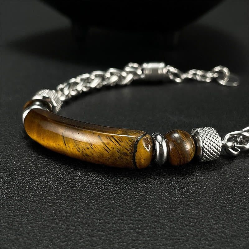 Fortune Jewel Tiger Eye Black Obsidian Stone Titanium Steel Strength Buckle Bracelet