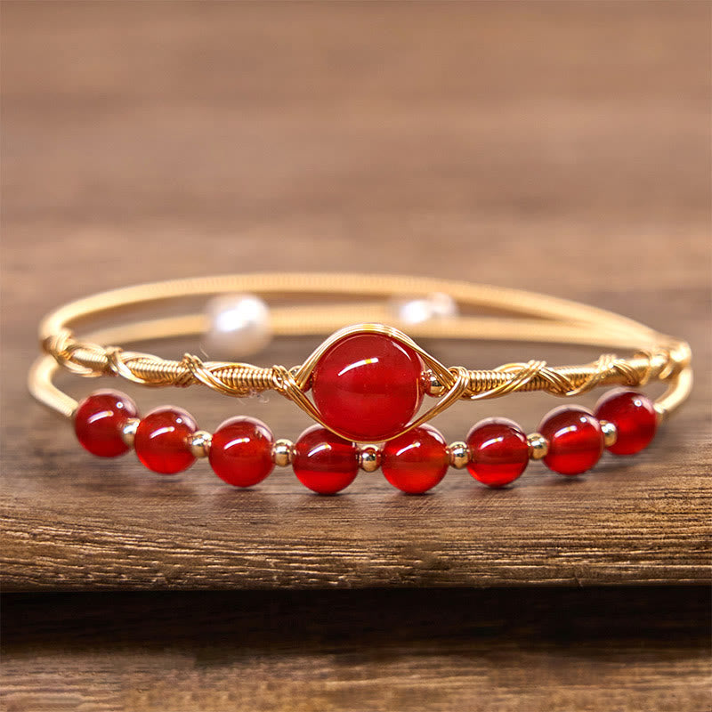 Fortune Jewel 14K Gold Filled Copper Natural Red Agate Beads Confidence Metal Cuff Bracelet Bangle