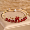 Fortune Jewel 14K Gold Filled Copper Natural Red Agate Beads Confidence Metal Cuff Bracelet Bangle