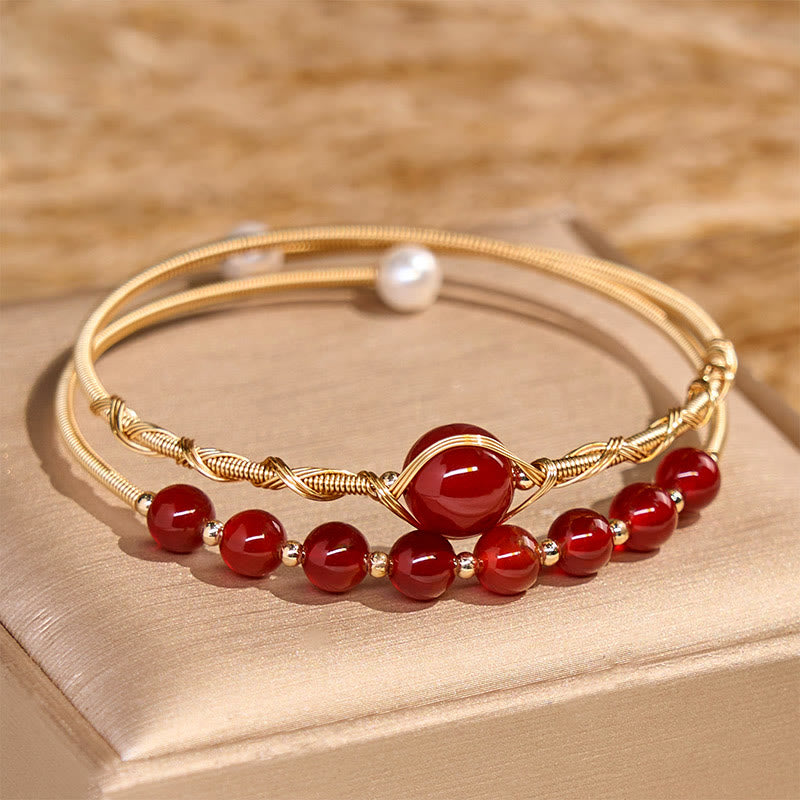 Fortune Jewel 14K Gold Filled Copper Natural Red Agate Beads Confidence Metal Cuff Bracelet Bangle