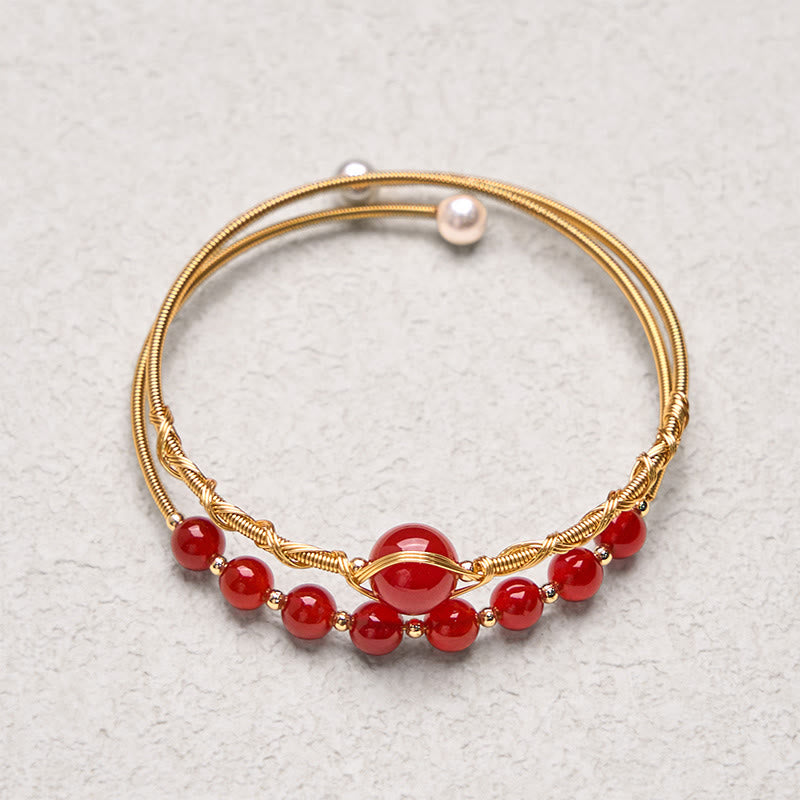 Fortune Jewel 14K Gold Filled Copper Natural Red Agate Beads Confidence Metal Cuff Bracelet Bangle