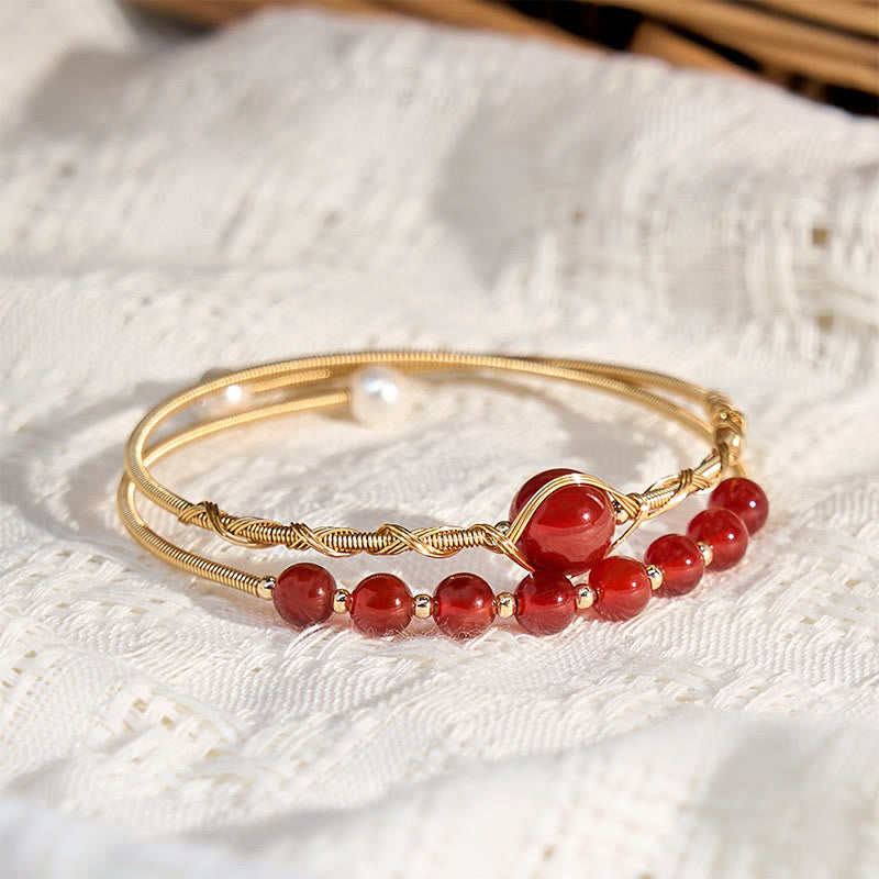 Fortune Jewel 14K Gold Filled Copper Natural Red Agate Beads Confidence Metal Cuff Bracelet Bangle