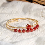 Fortune Jewel 14K Gold Filled Copper Natural Red Agate Beads Confidence Metal Cuff Bracelet Bangle